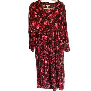 Terra & Sky Womens 14W Black Floral Midi Dress Dark Romantic Cottage Whimsigoth